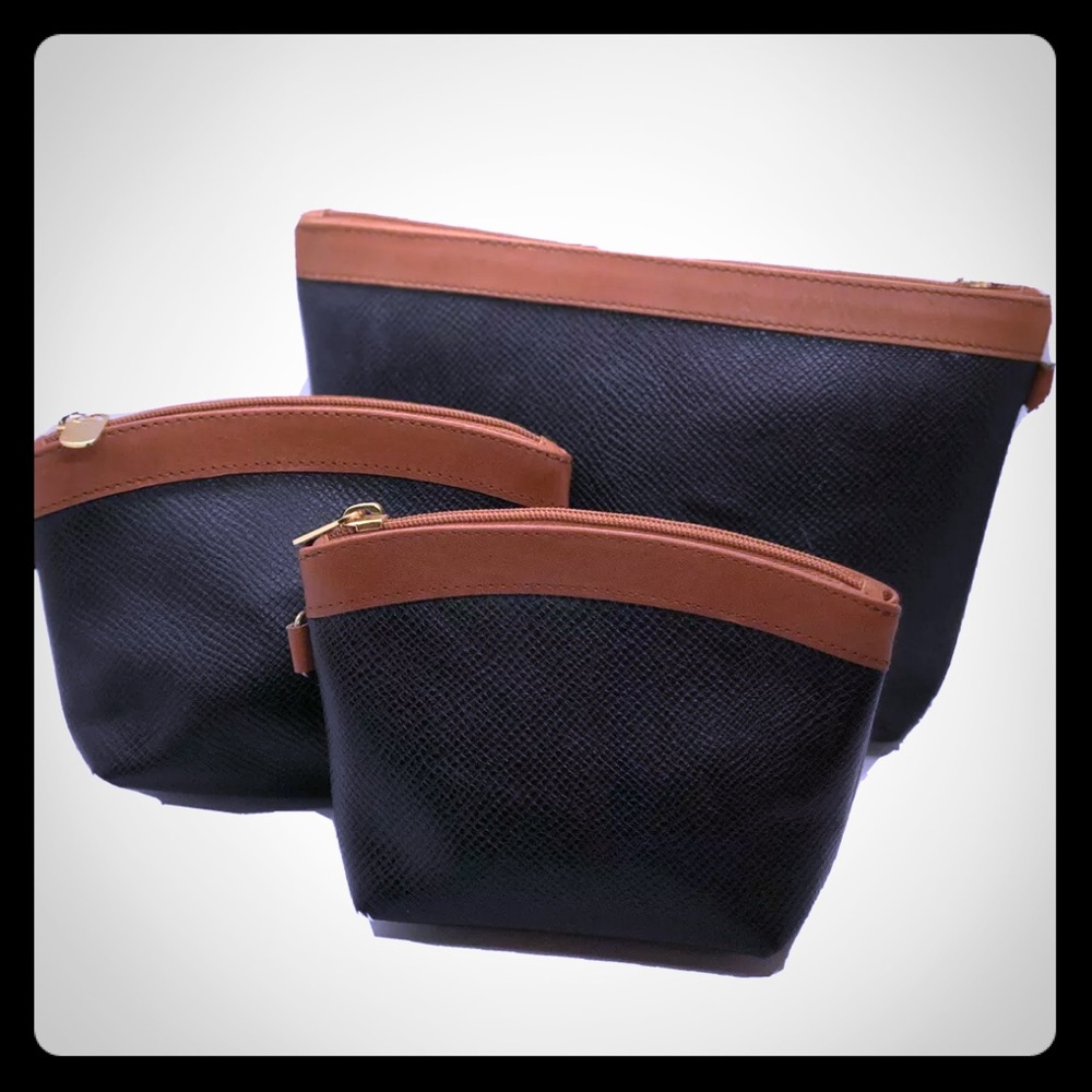3 Piece Black & Saddle Brown Leather Travel Set